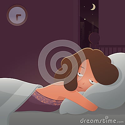 Woman lying in bed suffering from insomnia. Vector Illustration