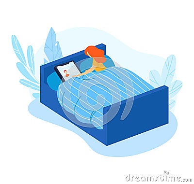 Woman lying in bed using smartphone, relaxed female character in bedroom. Modern lifestyle and digital technology vector Vector Illustration