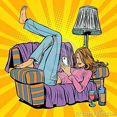 Woman lying on the couch and reading smartphone Vector Illustration