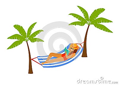 Woman lying in hammock on the beach, reading a book, relaxing Vector Illustration