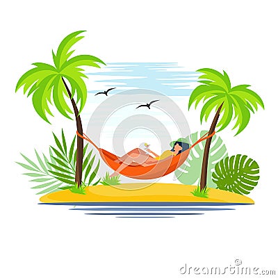 A woman is lying in a hammock. The girl is resting and drinking a martini. Vector illustration Cartoon Illustration