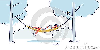 Woman lying in hammock between trees in park or garden. Cartoon female relaxing sleep outdoors Vector Illustration