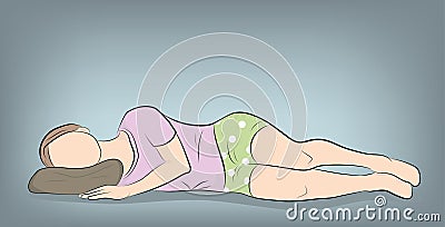 The woman is lying on the right pillow. correct position when sleeping. vector illustration. Vector Illustration