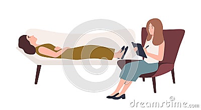 Woman lying on sofa and female psychologist, psychoanalyst or psychotherapist sitting in chair with notebook in hand and Vector Illustration