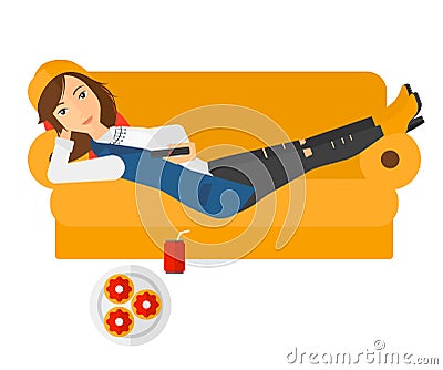 Woman lying on sofa with junk food Vector Illustration