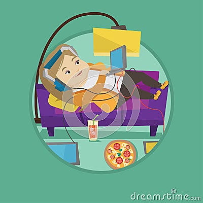 Woman lying on sofa with many gadgets. Vector Illustration