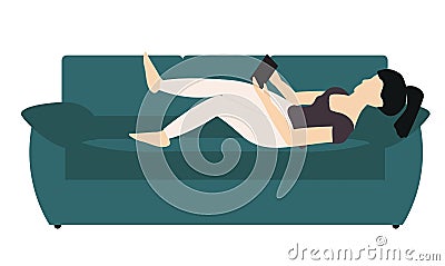 Woman lying on the sofa reading the news on the tablet Vector Illustration