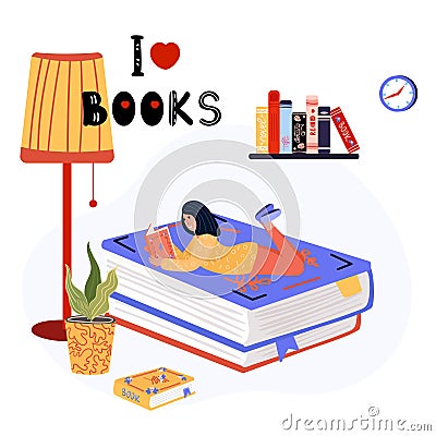 Woman is lying on the stack of books, near standing lamp. Literature fan on the big books is reading. Student studying Vector Illustration