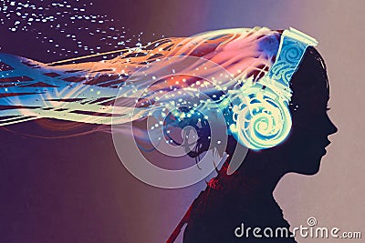 Woman with magic glowing headphones on dark background Cartoon Illustration