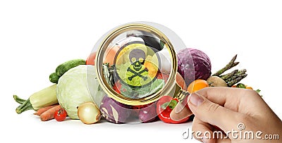 Woman with magnifying glass detecting microbes on background, closeup. Food poisoning concept Stock Photo