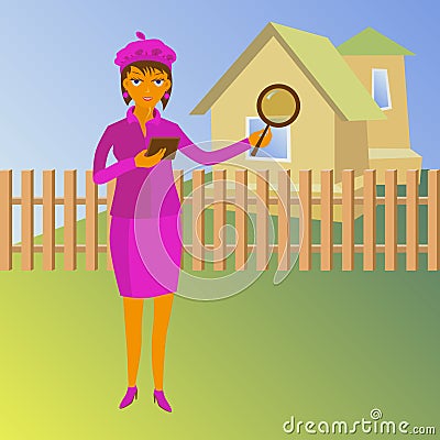 Woman with magnifying glass looking for a house Vector Illustration