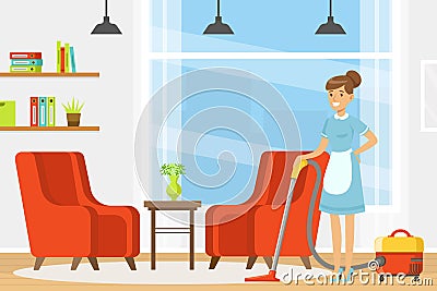 Woman Maid as Hotel Staff in Apron Vacuum Cleaning in the Room Vector Illustration Vector Illustration