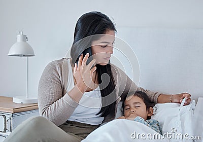 Woman make phone call, sick child in bed sleeping with covid or virus in home. Mom fear for kid healthcare, contact Stock Photo