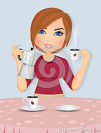 Woman makes coffee in the morning Stock Photo