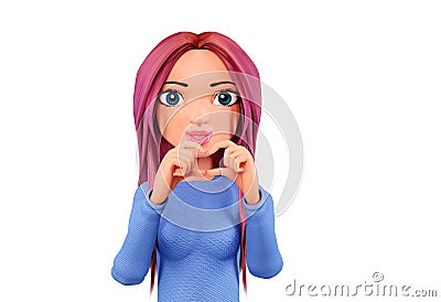 Woman makes heart gesture with her hands, 3d render. Portrait of a smiling girl making finger heart gesture, isolated on a white Stock Photo