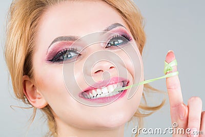 Woman makeup, bubblegum, gum. Makeup beauty and eye make up. Portrait smile girl. Beautiful woman, beauty female. Bubble Stock Photo
