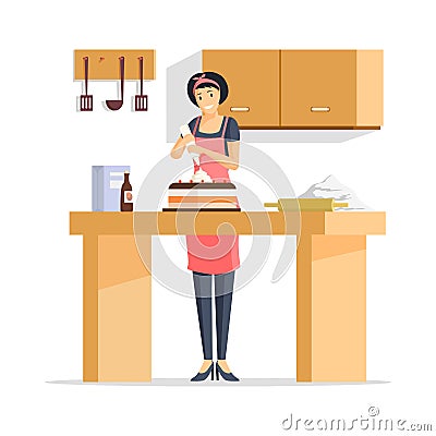 Woman making cake flat vector illustration. Cheerful bakehouse worker in apron, young housewife on kitchen cartoon Vector Illustration