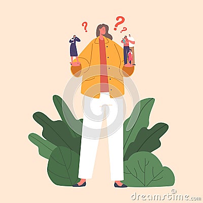 Woman Making Decision, Choose Between Family Or Parent Responsibilities And Career Or Professional Success, Choice Vector Illustration