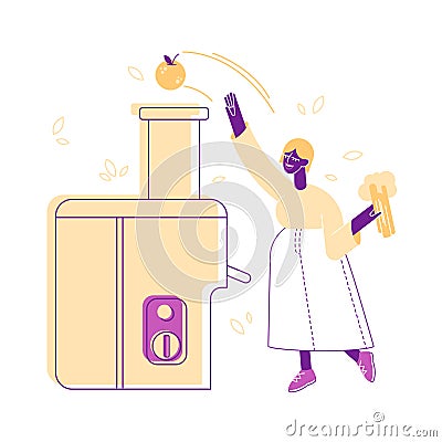 Woman Making Fruit and Vegetable Smoothie Put Apple and Broccoli into Juicer Machine. Healthy Lifestyle and Eco Food Vector Illustration