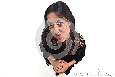 Woman making mockery on white Stock Photo