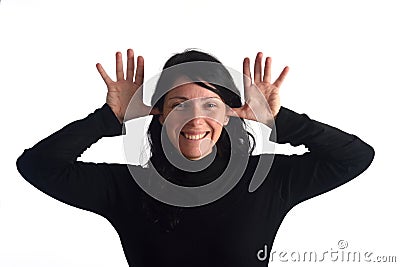 Woman making mockery on white Stock Photo