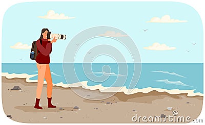 Woman is making photo of amazing landscape. Girl with camera is looking into lens on seascape Vector Illustration