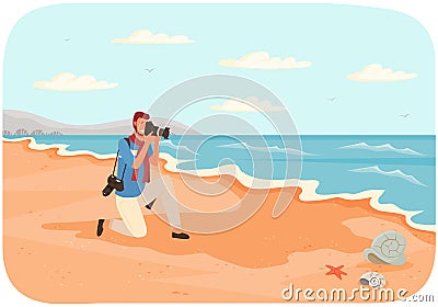 Woman is making photo of amazing landscape. Girl with camera is looking into lens on seascape Vector Illustration