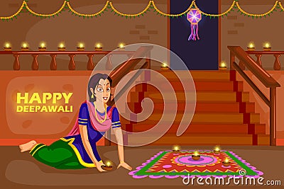 Woman making rangoli for Diwali celebration festival of India Vector Illustration