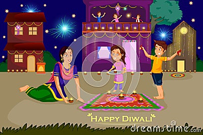 Woman making rangoli for Diwali celebration festival of India Vector Illustration