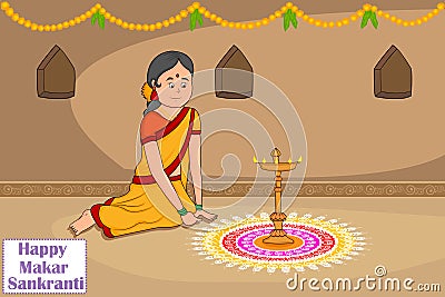 Woman making rangoli for Makar Sankranti Vector Illustration
