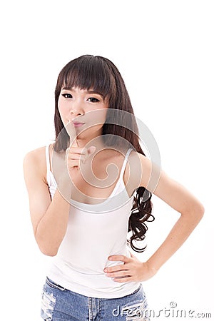 Woman making silence, hand sign Stock Photo