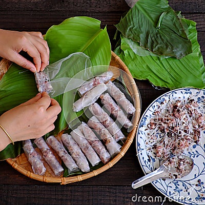 Woman making cha gio at home Stock Photo