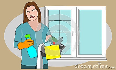 Woman making window cleaning. Flat style vector illustration isolated. Vector Illustration
