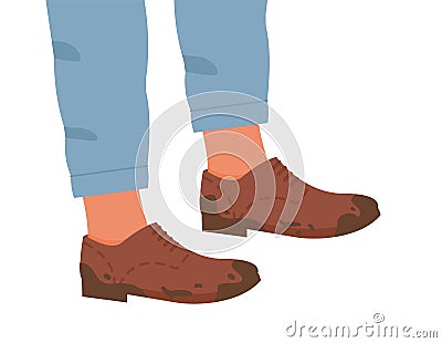 Woman or man in brown color flat sole trendy brogue, oxford or derby dirty shoes. Male or female legs in stylish Vector Illustration