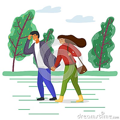Woman and man in casual clothes walk in the park on the road along the tree alley in windy weather Vector Illustration