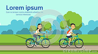Woman man couple cycling on city park green lawn trees template landscape background copy space horizontal flat Vector Illustration