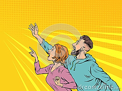 woman and man couple People point with their hand. Template advertising announcement news sale. Pop art style Vector Illustration