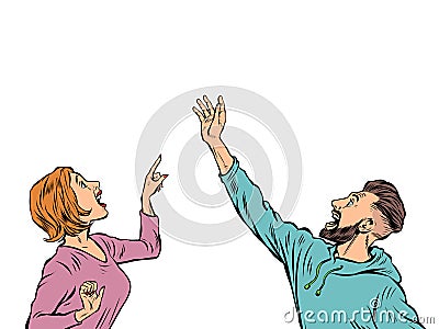 woman and man couple People point with their hand. Template advertising announcement news sale. Pop art style Vector Illustration