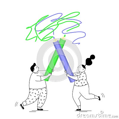 Woman and a man crossed huge pencils.Family dispute, quarrel, fight.Competition between two businessmen isolated vector Cartoon Illustration