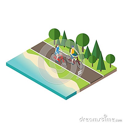 Woman and man cycling on countryside summer sunny road or highway Vector Illustration