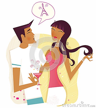 Woman and man flirting and talking about Paris Vector Illustration