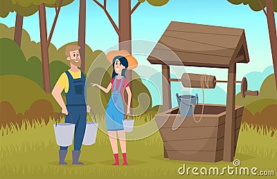 Woman man in forest. People near well with buckets, came for water. Happy farmers in village on nature vector Vector Illustration