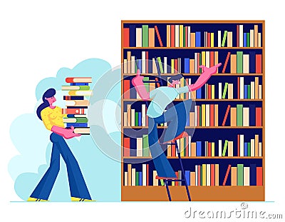 Woman and Man in Library Reading and Searching Books. Young People, Students, Spend Time in Athenaeum Room with Bookshelf Vector Illustration