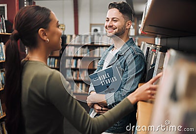 Woman, man and library for reading, talking and knowledge for studies. Students, male and female in bookstore, education Stock Photo