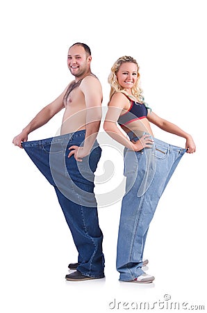 Woman and man loosing weight isolated on white Stock Photo