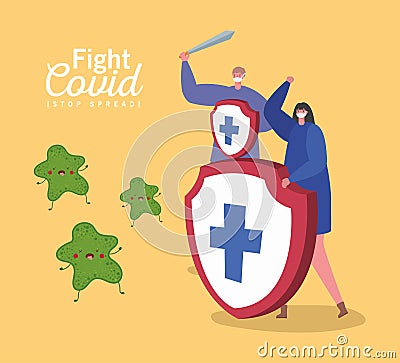Woman and man with masks and shields and sword fight covid vector design Vector Illustration