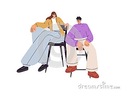 Woman and man meeting, looking, flirting, smiling. Couple communication, acquaintance. Young people sitting on chairs Vector Illustration