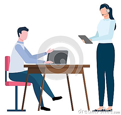 Woman and Man Working at Office Secretary Teamwork Vector Illustration