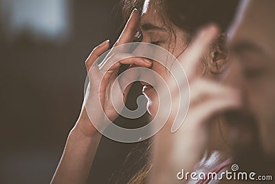 Woman and man practice yoga breathing technique Stock Photo