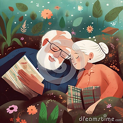 woman man romantic love happy together couple old asleep bed retired wife. Generative AI. Cartoon Illustration